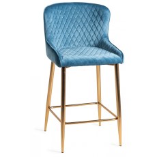 Kent - Petrol Blue Velvet Fabric Bar Stools with Gold Legs (Pair)