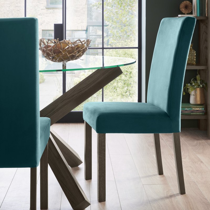 Parker Dark Oak Square Back Chair - Sea Green Velvet Fabric (Pair) Parker Dark Oak Square Back Chair - Sea Green Velvet Fabric (Pair)