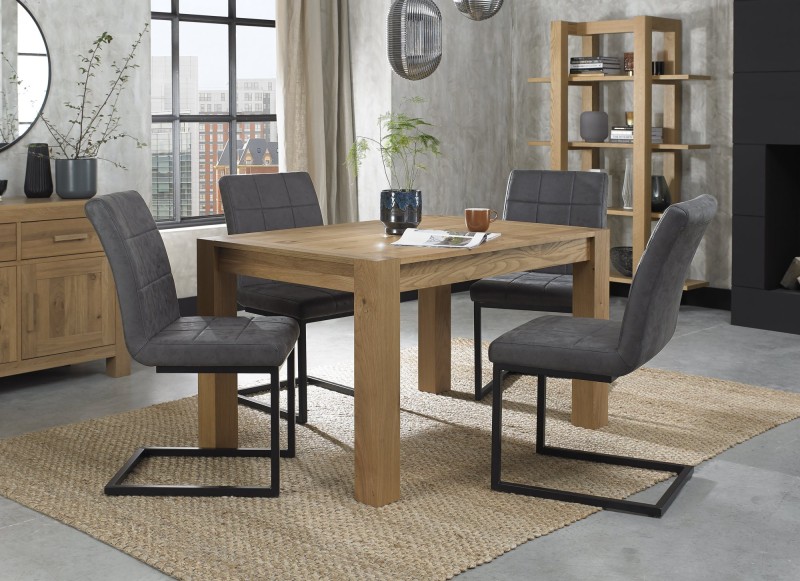 Turin Light Oak 4-6 Seater Table & 4 Lewis Distressed Dark Grey Fabric Cantilever Chairs Turin Light Oak 4-6 Seater Table & 4 Lewis Distressed Dark Grey Fabric Cantilever Chairs