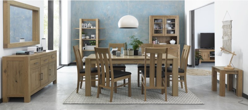 Bentley Designs Turin Light Oak 6 Seater Dining Set & 6 Slat Back Chairs Upholstered in Brown Faux Leather- feature