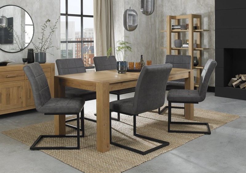 Turin Light Oak 6-10 Seater Table & 6 Lewis Distressed Dark Grey Fabric Cantilever Chairs Turin Light Oak 6-10 Seater Table & 6 Lewis Distressed Dark Grey Fabric Cantilever Chairs