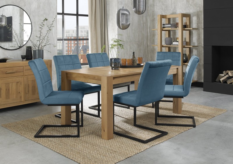 Turin Light Oak 6-8 Seater Table & 6 Lewis Petrol Blue Cantilever Chairs Turin Light Oak 6-8 Seater Table & 6 Lewis Petrol Blue Cantilever Chairs