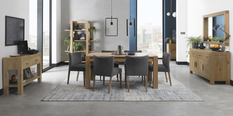Bentley Designs Turin Light Oak 6-8 Seater Dining Set & 6 Low Back Upholstered Chairs in Gun Metal Velvet Fabric- feature