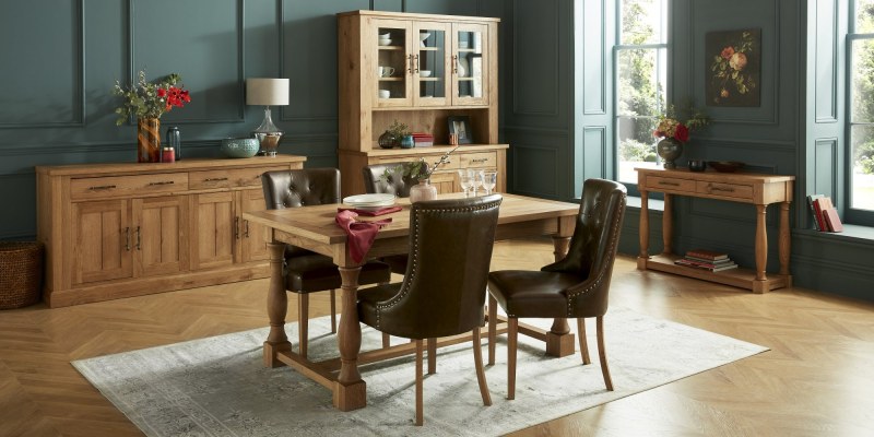 Bentley Designs Westbury Rustic Oak 4-6 Seater Dining Set & 4 Scoop Uph Chairs- Espresso Faux Leather- feature
