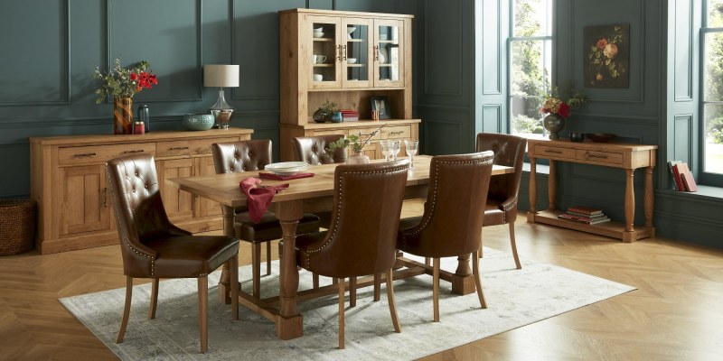 Bentley Designs Westbury Rustic Oak 4-6 Seater Dining Set- 6 Rustic Tan Upholstered Armchairs- lifestyle