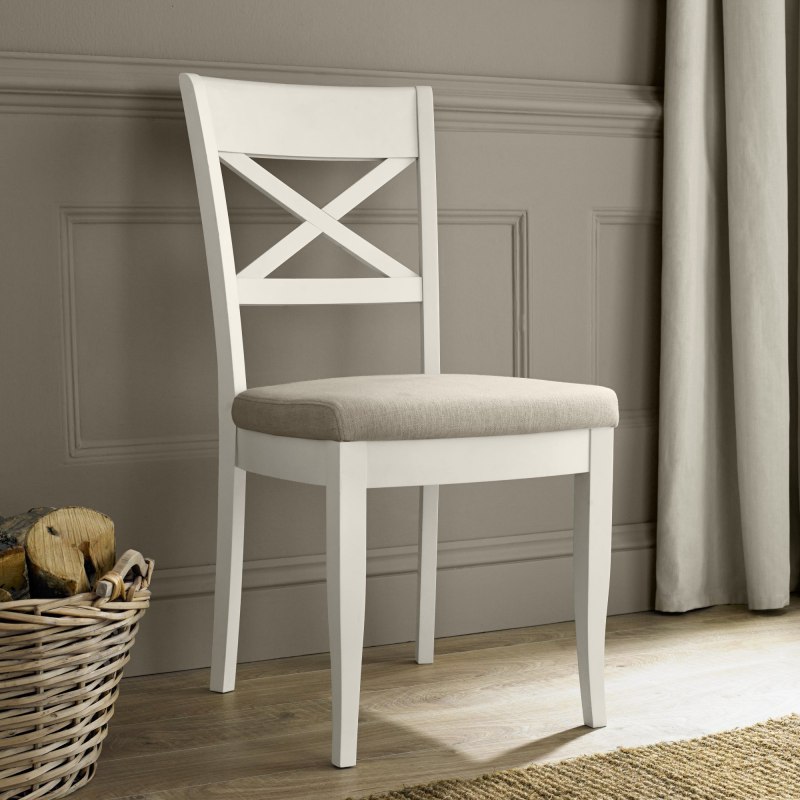Ashley Antique White X Back Chair - Sand Colour Fabric (Pair) Ashley Antique White X Back Chair - Sand Colour Fabric (Pair)