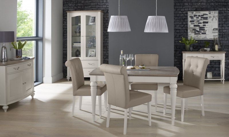 Bentley Designs Montreux Grey Washed Oak & Soft Grey 4-6 Seater Dining Set & 4 Upholstered Chairs in Grey Bonded Leather- fea