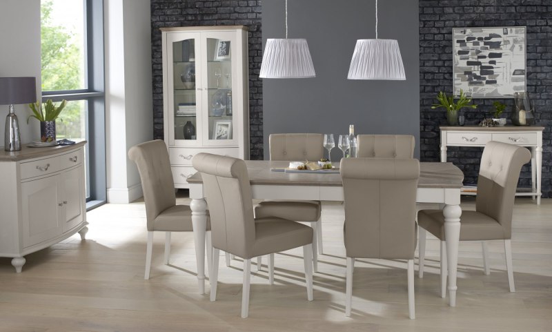 Bentley Designs Montreux Grey Washed Oak & Soft Grey 6-8 Seater Dining Set & 6 Upholstered Chairs in Grey Bonded Leather- fea