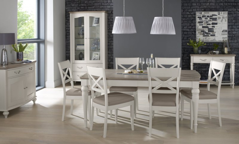 Bentley Designs Montreux Grey Washed Oak & Soft Grey 6-8 Seater Dining Set & 6 X Back Chairs in Grey Bonded Leather- feature