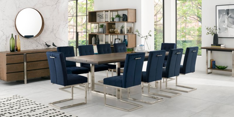 Bentley Designs Tivoli Dark Oak 6-10 Seater Dining Set & 10 Upholstered Cantilever Chairs in Dark Blue Velvet Fabric- feature
