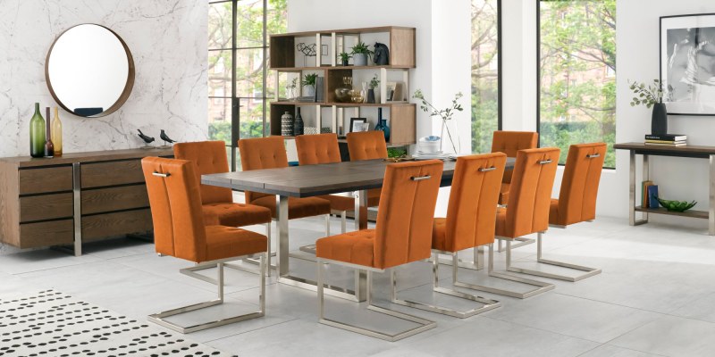 Bentley Designs Tivoli Dark Oak 6-10 Seater Dining Set & 10 Upholstered Cantilever Chairs in Harvest Pumpkin Velvet Fabric- f