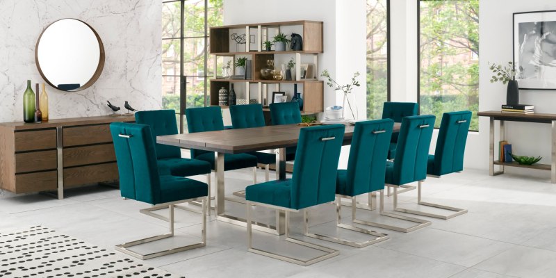 Bentley Designs Tivoli Dark Oak 6-10 Seater Dining Set & 10 Upholstered Cantilever Chairs in Sea Green Velvet Fabric- feature