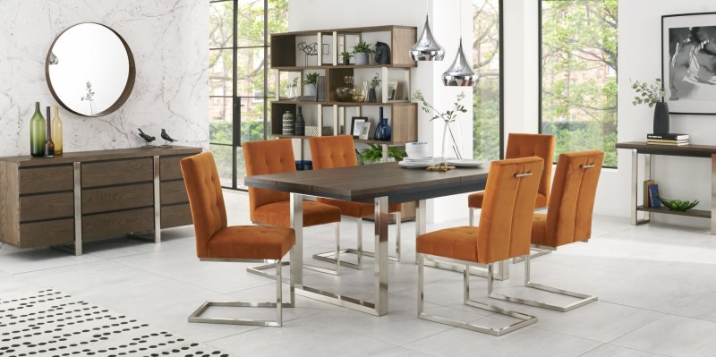 Bentley Designs Tivoli Dark Oak 6-8 Seater Dining Set & 6 Cantilever Chairs- Harvest Pumpkin Velvet Fabric- feature