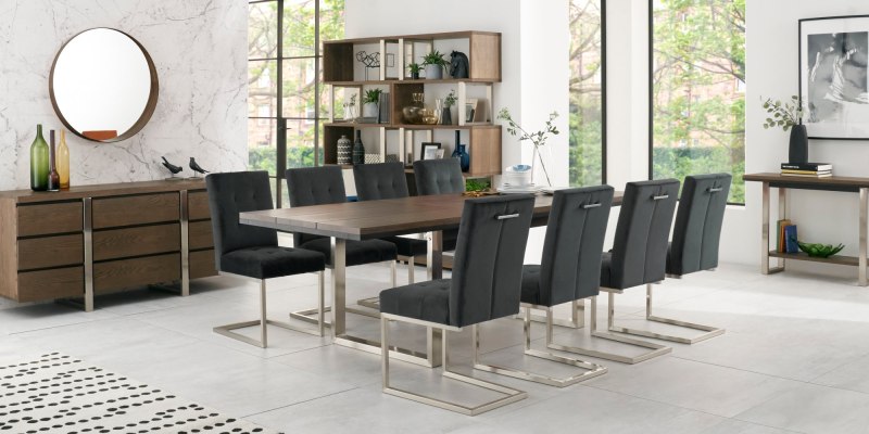 Bentley Designs Tivoli Dark Oak 6-10 Seater Dining Set & 8 Upholstered Cantilever Chairs in Gun Metal Velvet Fabric- feature