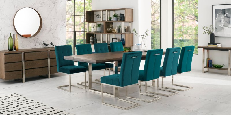 Bentley Designs Tivoli Dark Oak 6-10 Seater Dining Set & 8 Upholstered Cantilever Chairs in Sea Green Velvet Fabric- feature