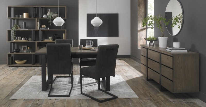 Bentley Designs Tivoli Weathered Oak 4-6 Seater Dining Set & 4 Indus Cantilever Chairs- Dark Grey Fabric- feature