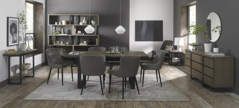 Faro Weathered Oak 6-8 Seater Table & 6 Kent Grey Velvet Chairs - Black Legs Faro Weathered Oak 6-8 Seater Table & 6 Kent Grey Velvet Chairs - Black Legs