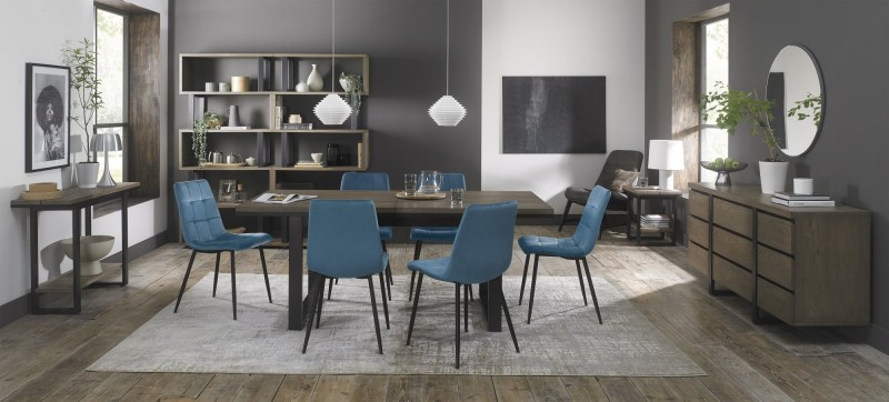 Faro Weathered Oak 6-8 Seater Table & 6 Mondrian Petrol Blue Chairs Faro Weathered Oak 6-8 Seater Table & 6 Mondrian Petrol Blue Chairs