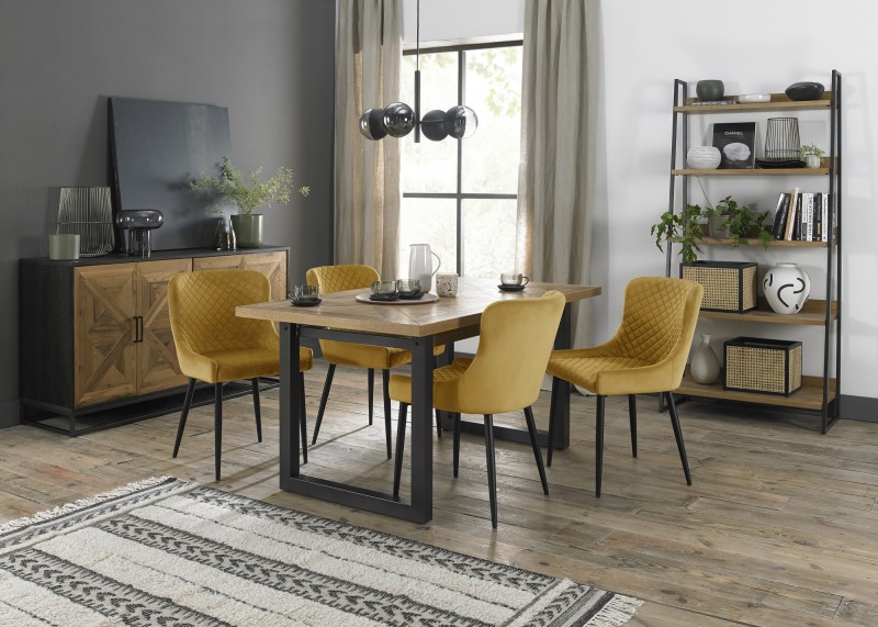 Harvey Rustic Oak 4-6 Seater Table & 4 Kent Mustard Velvet Chairs - Black Legs Harvey Rustic Oak 4-6 Seater Table & 4 Kent Mustard Velvet Chairs - Black Legs