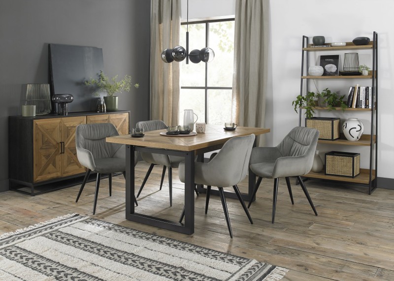 Harvey Rustic Oak 4-6 Seater Table & 4 Oxford Grey Velvet Chairs - Black Legs Harvey Rustic Oak 4-6 Seater Table & 4 Oxford Grey Velvet Chairs - Black Legs