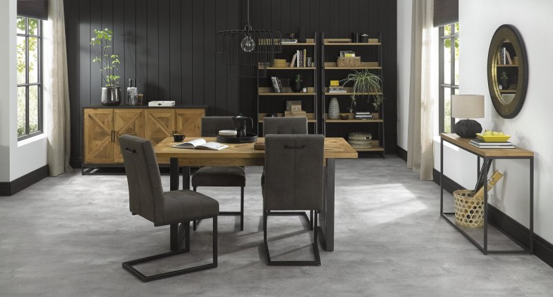 Bentley Designs Indus Rustic Oak 4-6 Seater Dining Set & 4 Upholstered Cantilever Chairs in Dark Grey Fabric- feature