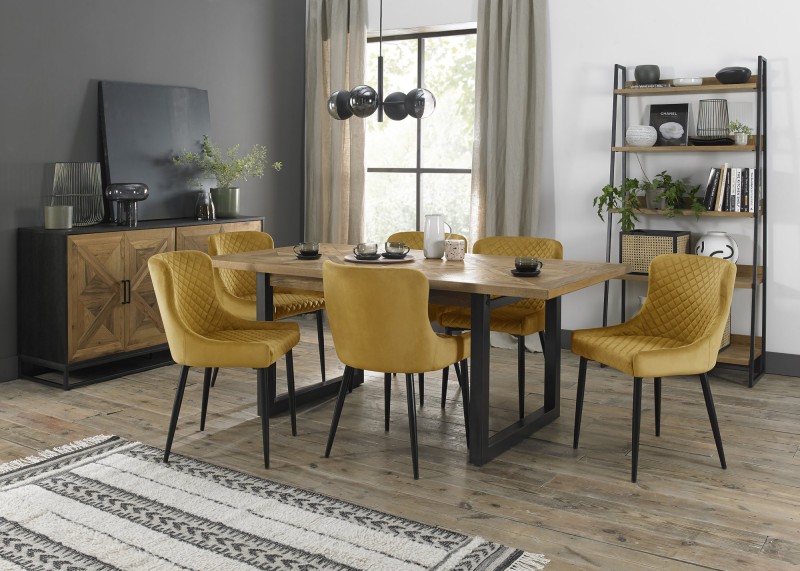 Harvey Rustic Oak 6-8 Seater Table & 6 Kent Mustard Velvet Chairs - Black Legs Harvey Rustic Oak 6-8 Seater Table & 6 Kent Mustard Velvet Chairs - Black Legs