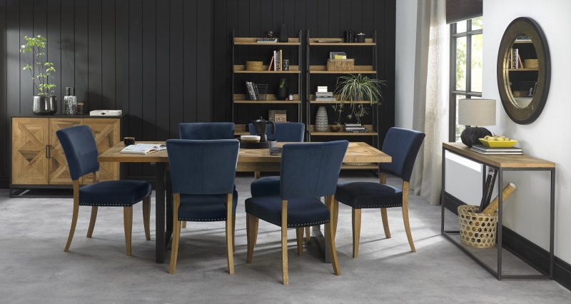 Bentley Designs Indus Rustic Oak 6-8 Seater Dining Set & 6 Rustic Uph Chairs- Dark Blue Velvet Fabric- feature