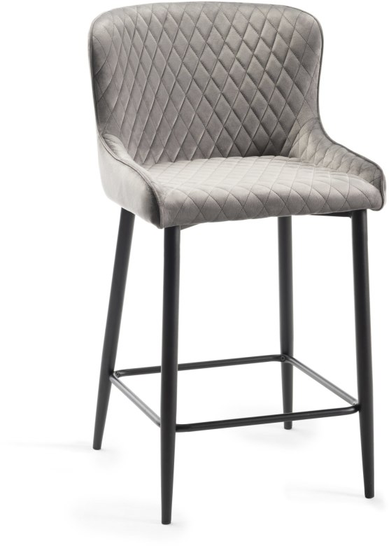 Kent - Grey Velvet Fabric Bar Stool with Black Legs (Single) - Grade A3 - Ref #0368 Kent - Grey Velvet Fabric Bar Stool with Black Legs (Single) - Grade A3 - Ref #0368