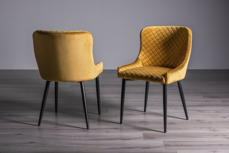 Kent - Mustard Velvet Fabric Chairs with Black Legs (Pair) - Grade A2 - Ref #0524 Kent - Mustard Velvet Fabric Chairs with Black Legs (Pair) - Grade A2 - Ref #0524