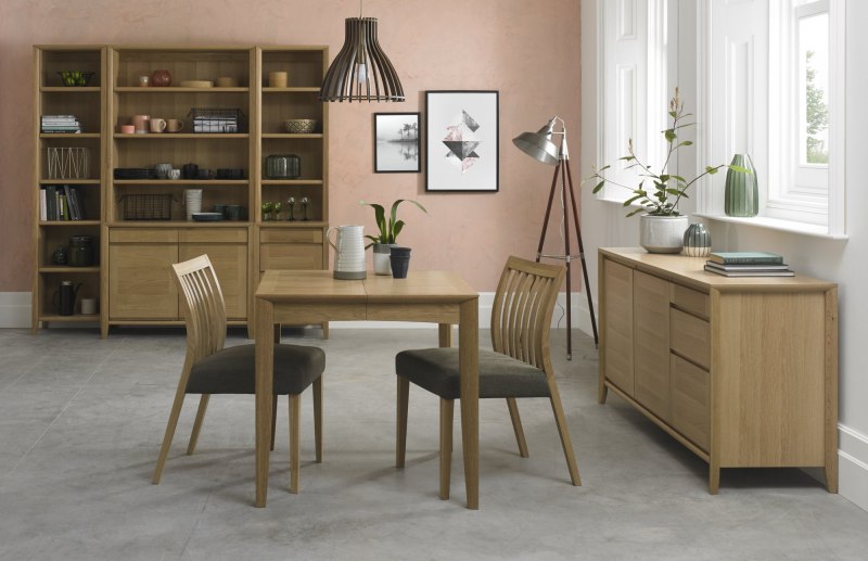 Bentley Designs Bergen Oak 2-4 Seater Dining Set & 2 Low Slat Back Chairs Upholstered in Black Gold Fabric- feature