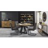 Bentley Designs Indus Rustic Oak 4 Seater Circular Dining Set & 4 Upholstered Cantilever Chairs in Dark Grey Fabric- feature